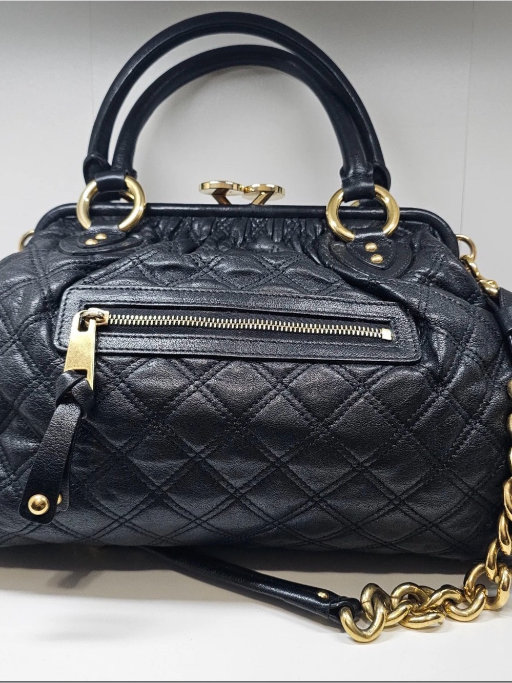 Marc Jacob’s Stam Luxury Quilted Black Satchel with Gold Hardware